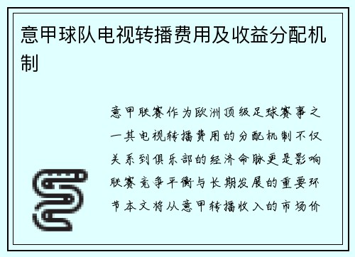 意甲球队电视转播费用及收益分配机制
